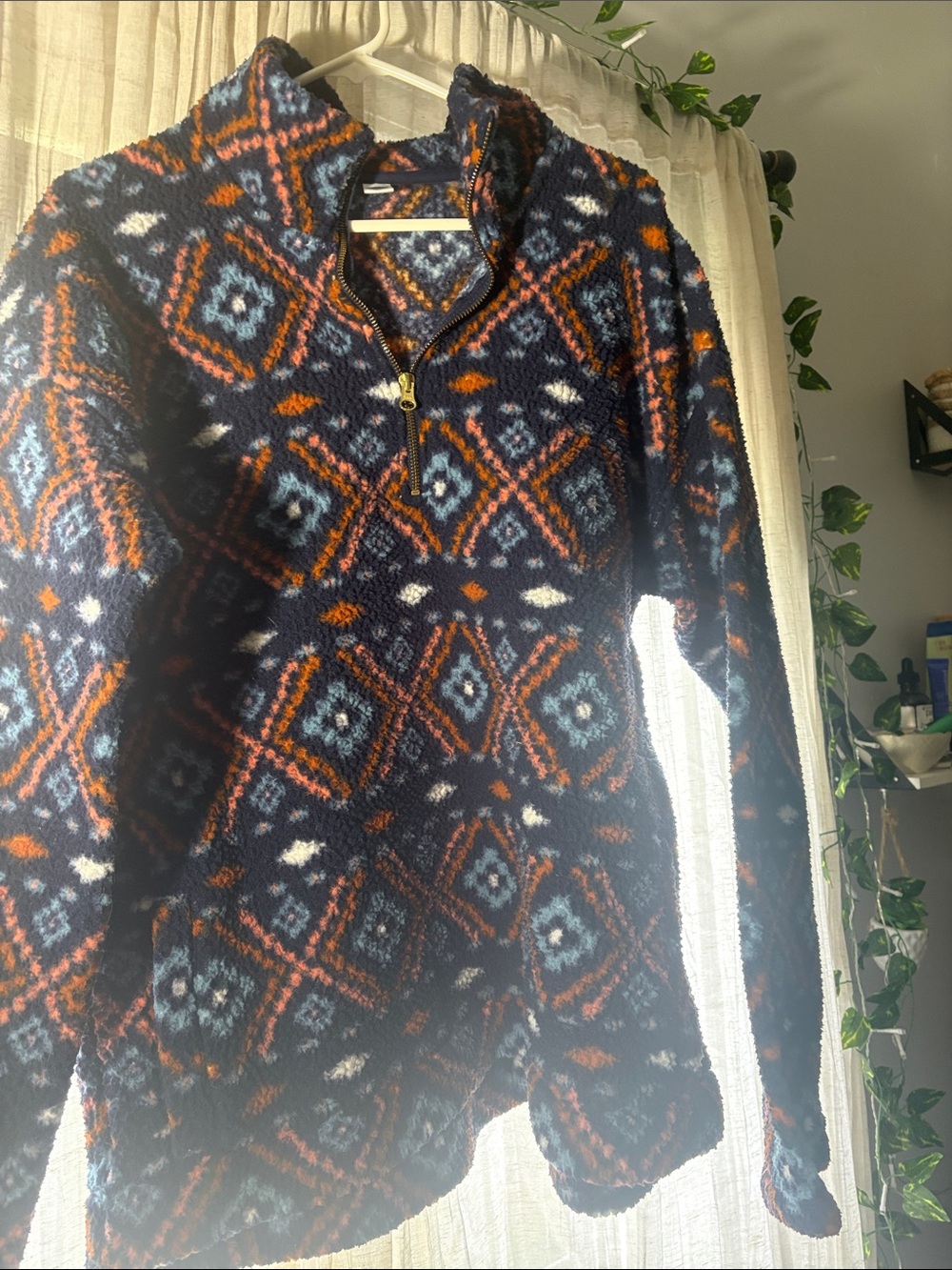 Old Navy Navy Zip-Up Sweater with Orange and Light Blue Geometric Pattern